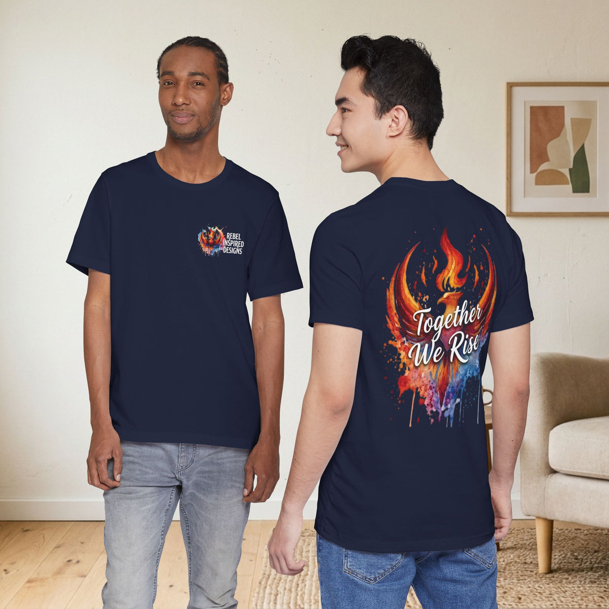 Rebel Inspired Designs Logo T-Shirt | Phoenix Watercolor Chest Print | Together We Rise Graphic Tee