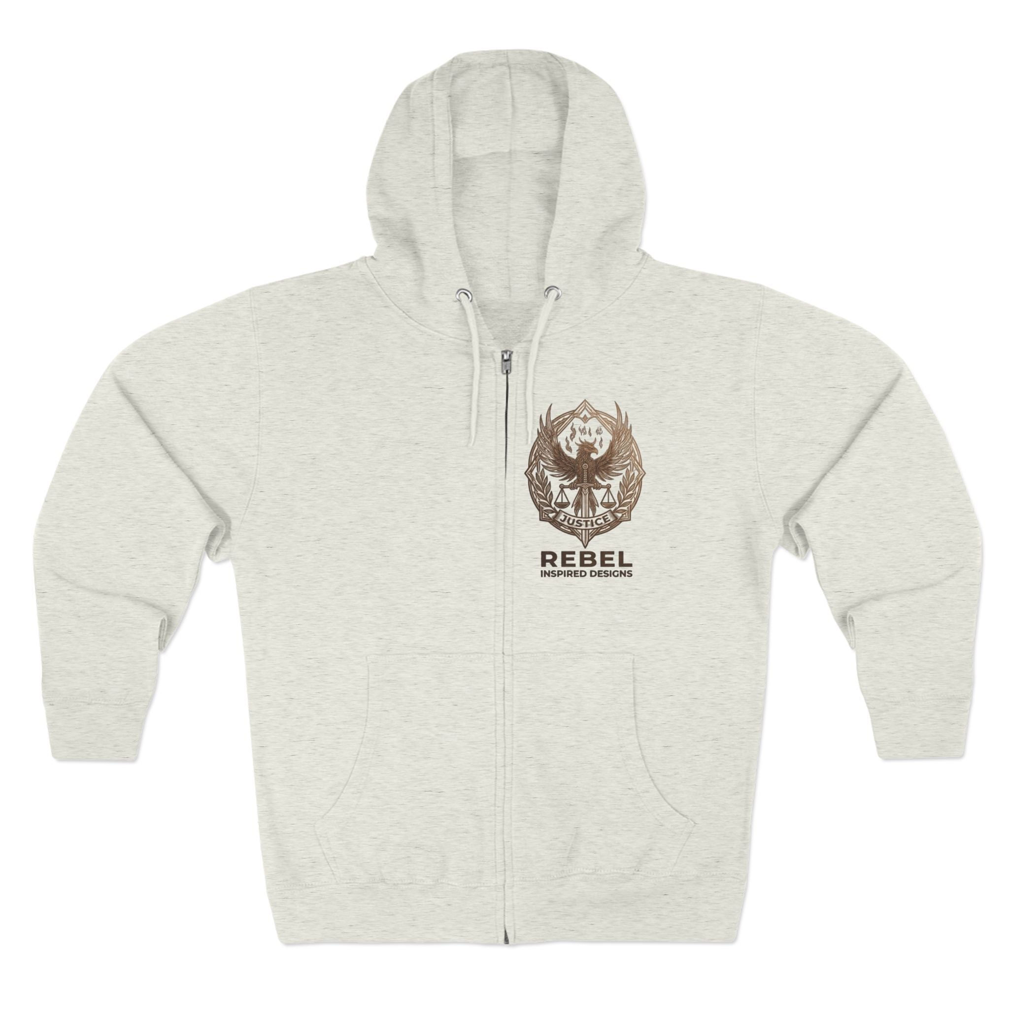 Rebel Inspired Bronze Phoenix Zip Hoodie — Vintage Book & Justice Graphic Zip-Up Sweatshirt
