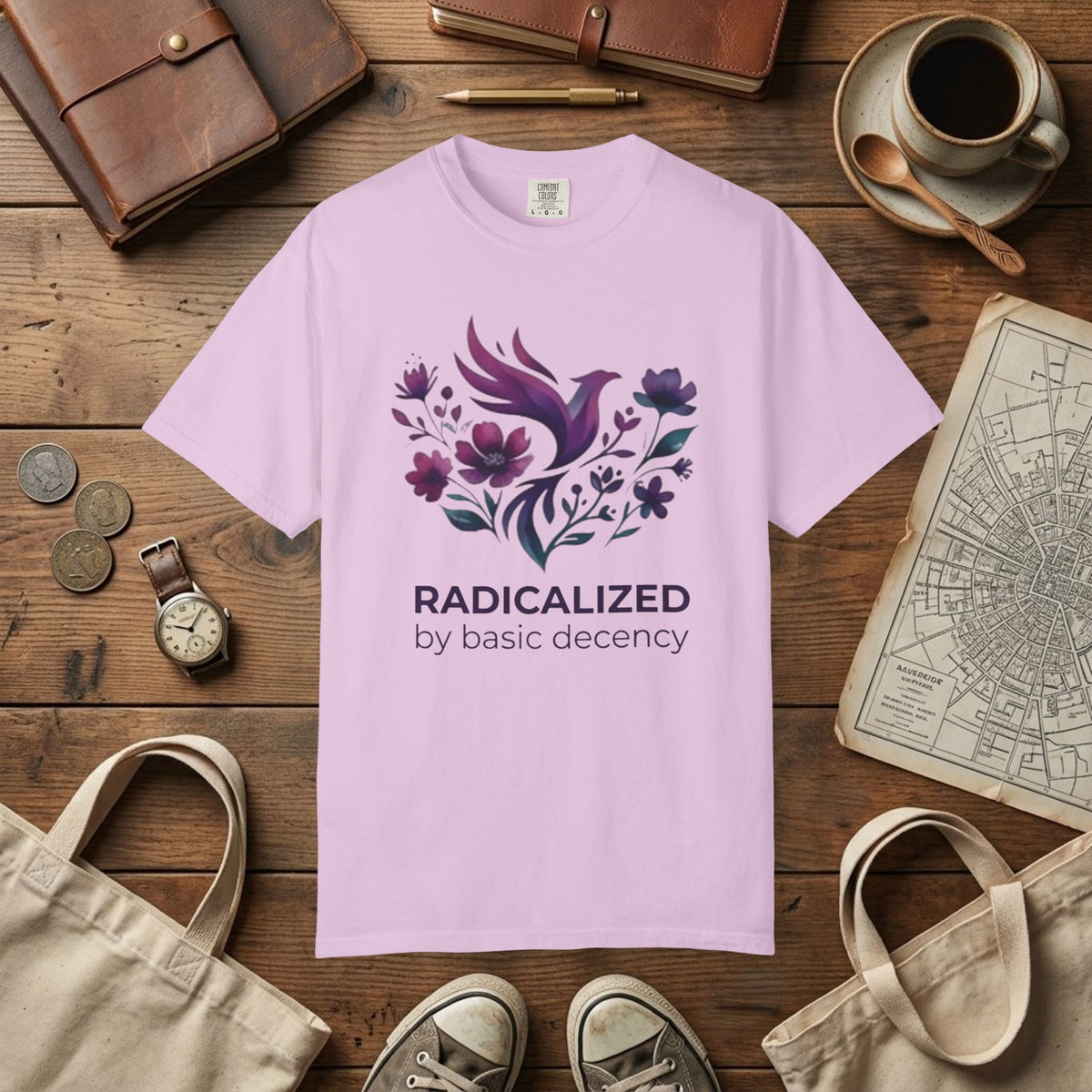 Radicalized by Basic Decency T-shirt | Floral Phoenix Graphic Tee | Activist Gift