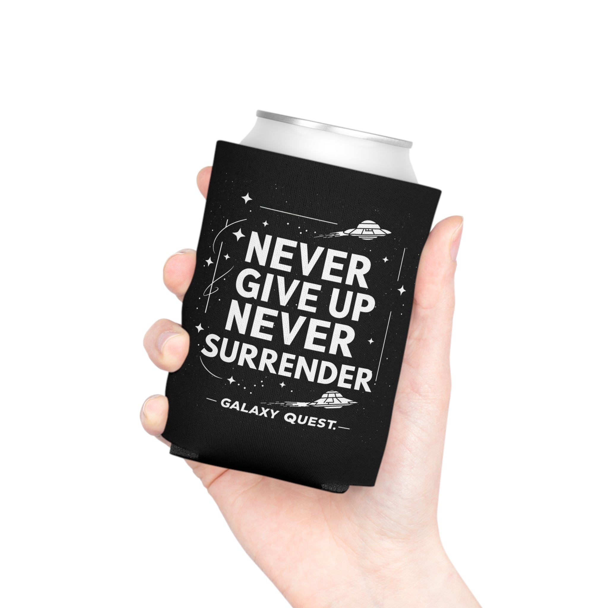 Never Give Up Never Surrender Can Cooler | Sci-Fi Inspired Drink Holder | Geek Gift