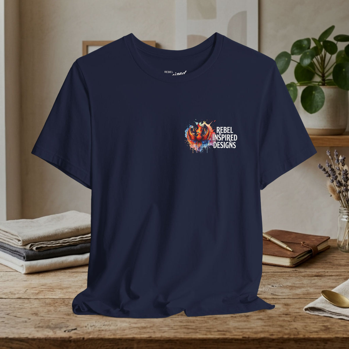 Rebel Inspired Designs Logo T-Shirt | Phoenix Watercolor Chest Print | Together We Rise Graphic Tee