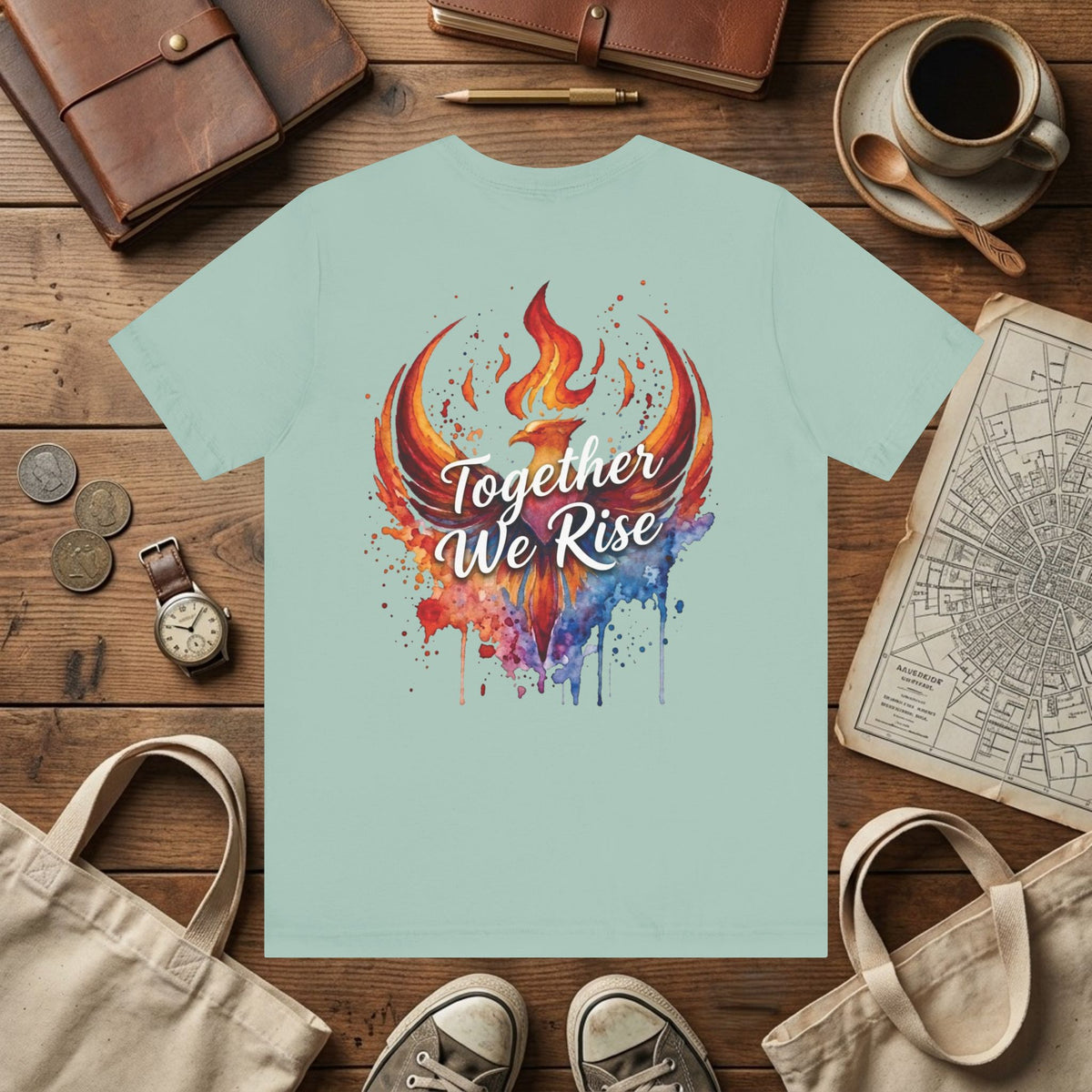 Rebel Inspired Designs Logo T-Shirt | Phoenix Watercolor Chest Print | Together We Rise Graphic Tee