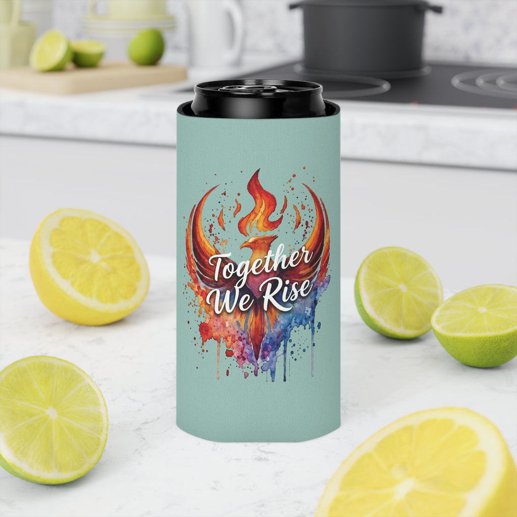 Together We Rise Phoenix Can Cooler | Watercolor Flame Drink Sleeve
