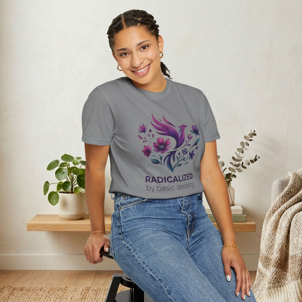 Radicalized by Basic Decency T-shirt | Floral Phoenix Graphic Tee | Activist Gift