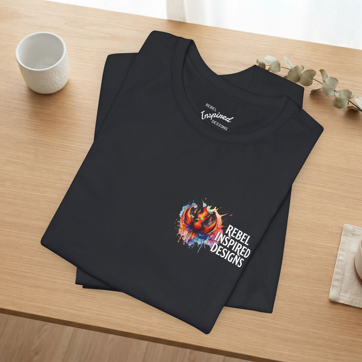 Rebel Inspired Designs Logo T-Shirt | Phoenix Watercolor Chest Print | Together We Rise Graphic Tee