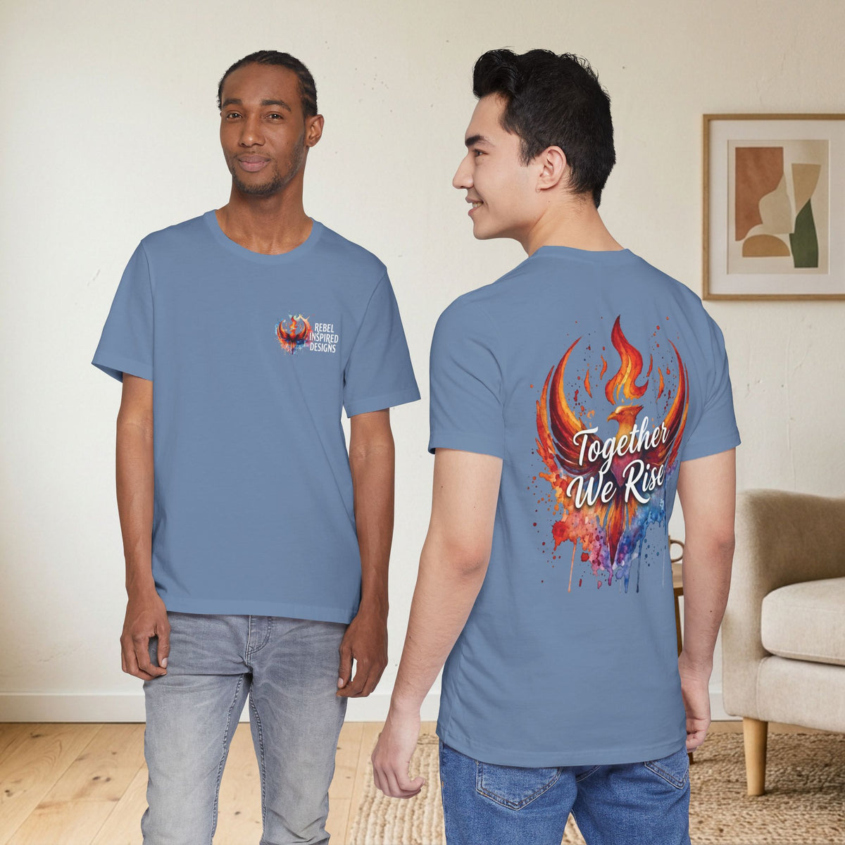 Rebel Inspired Designs Logo T-Shirt | Phoenix Watercolor Chest Print | Together We Rise Graphic Tee