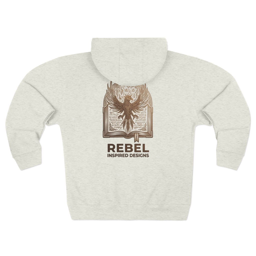 Rebel Inspired Bronze Phoenix Zip Hoodie — Vintage Book & Justice Graphic Zip-Up Sweatshirt