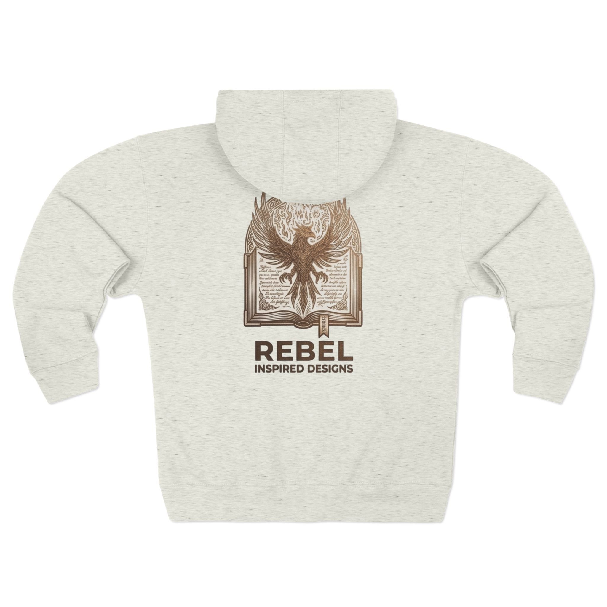 Rebel Inspired Bronze Phoenix Zip Hoodie — Vintage Book & Justice Graphic Zip-Up Sweatshirt