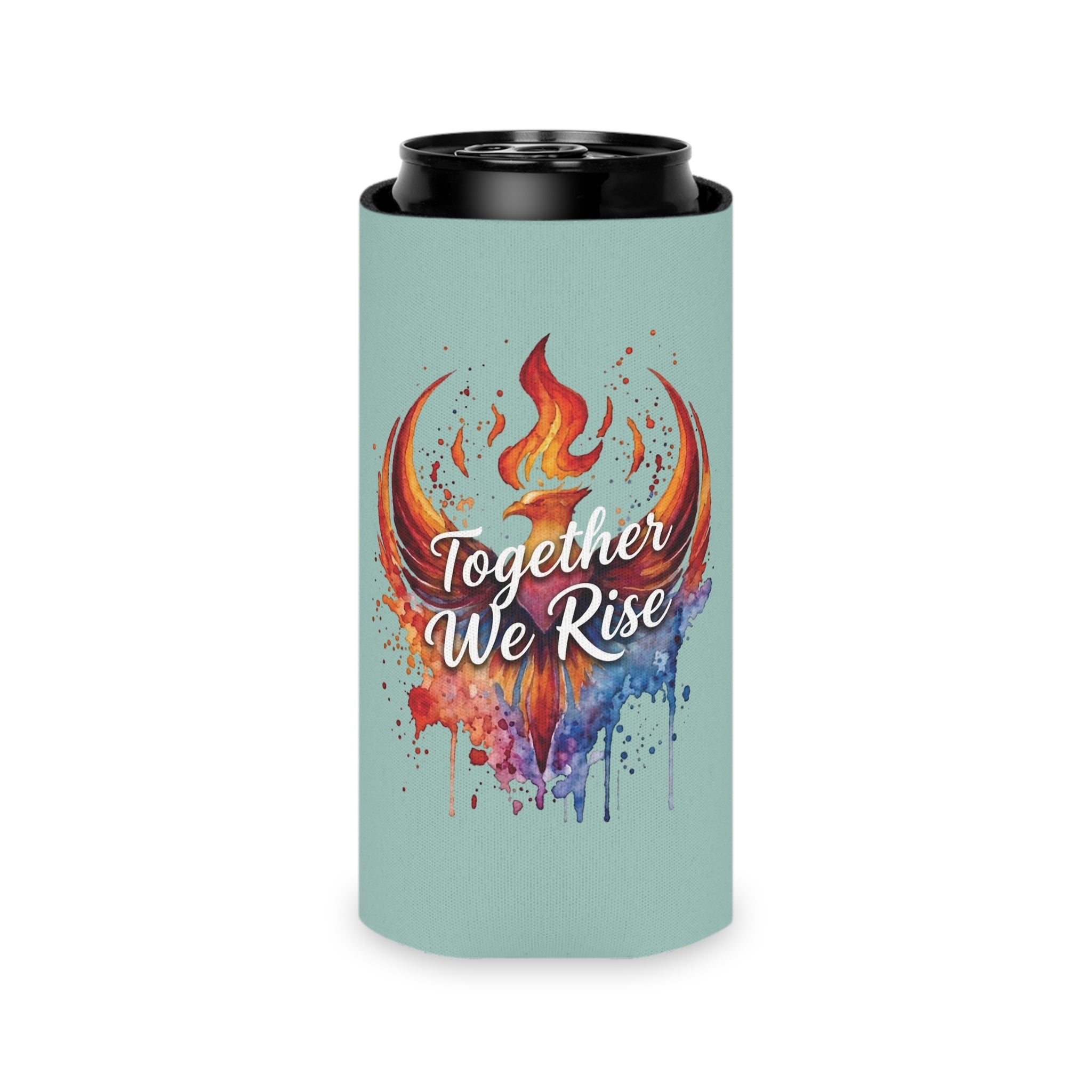 Together We Rise Phoenix Can Cooler | Watercolor Flame Drink Sleeve