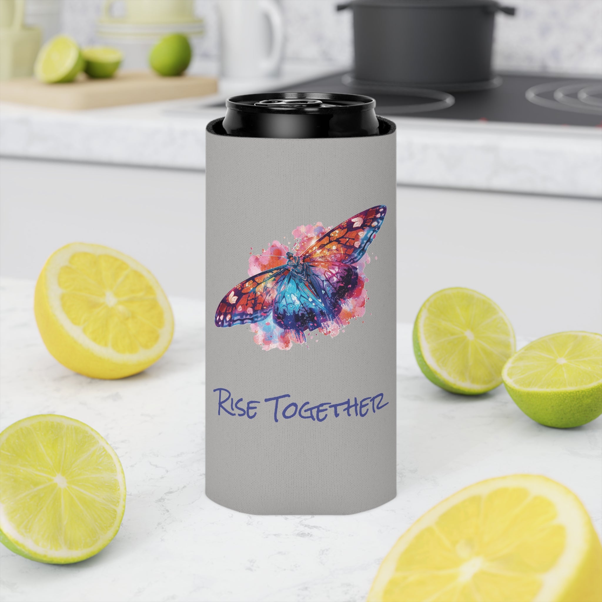 Butterfly Rise Together Can Cooler | Inspirational Watercolor Design | Activist Gift