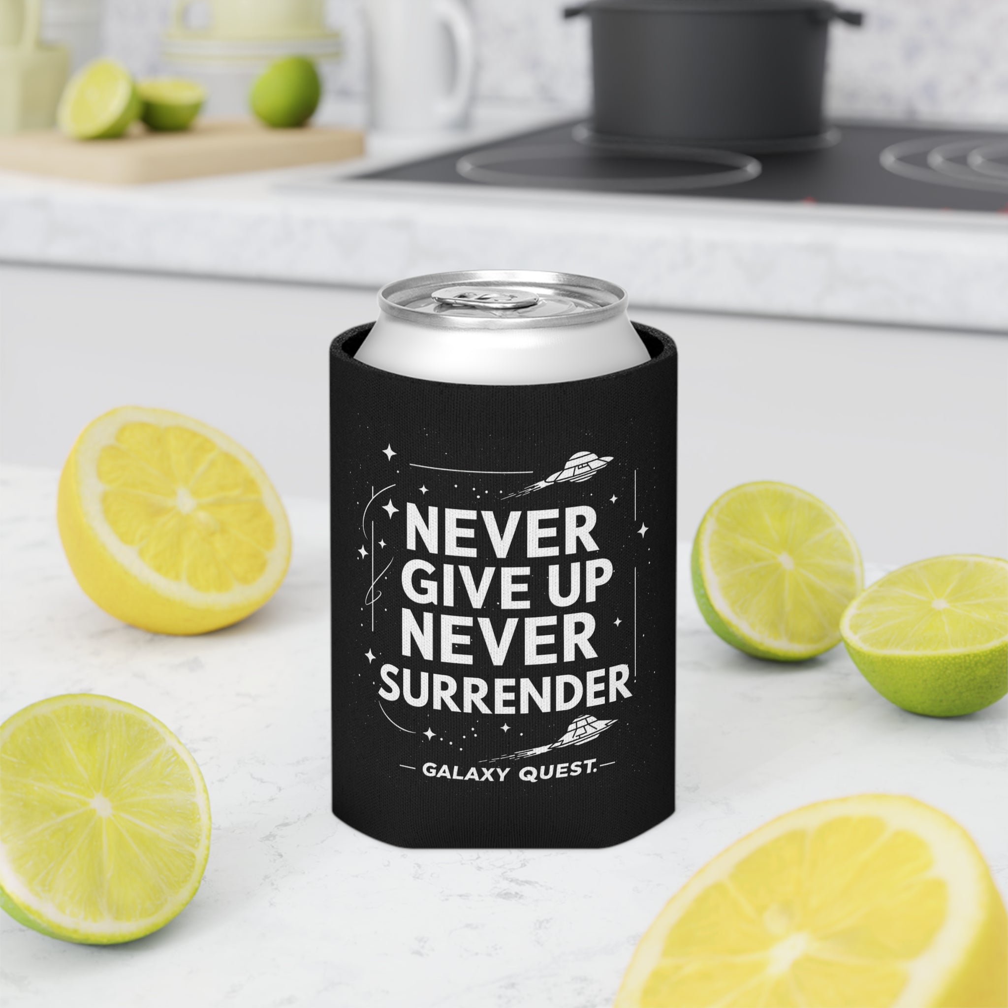 Never Give Up Never Surrender Can Cooler | Sci-Fi Inspired Drink Holder | Geek Gift