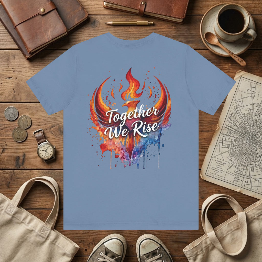 Rebel Inspired Designs Logo T-Shirt | Phoenix Watercolor Chest Print | Together We Rise Graphic Tee