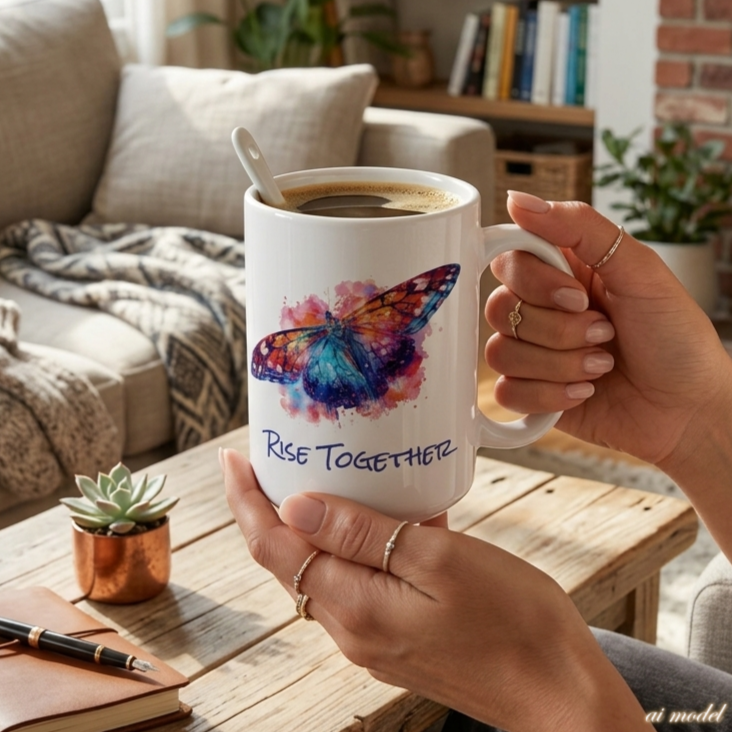 Butterfly Rise Together Coffee Mug | Inspirational Ceramic Mug 11oz 15oz | Activist Gift
