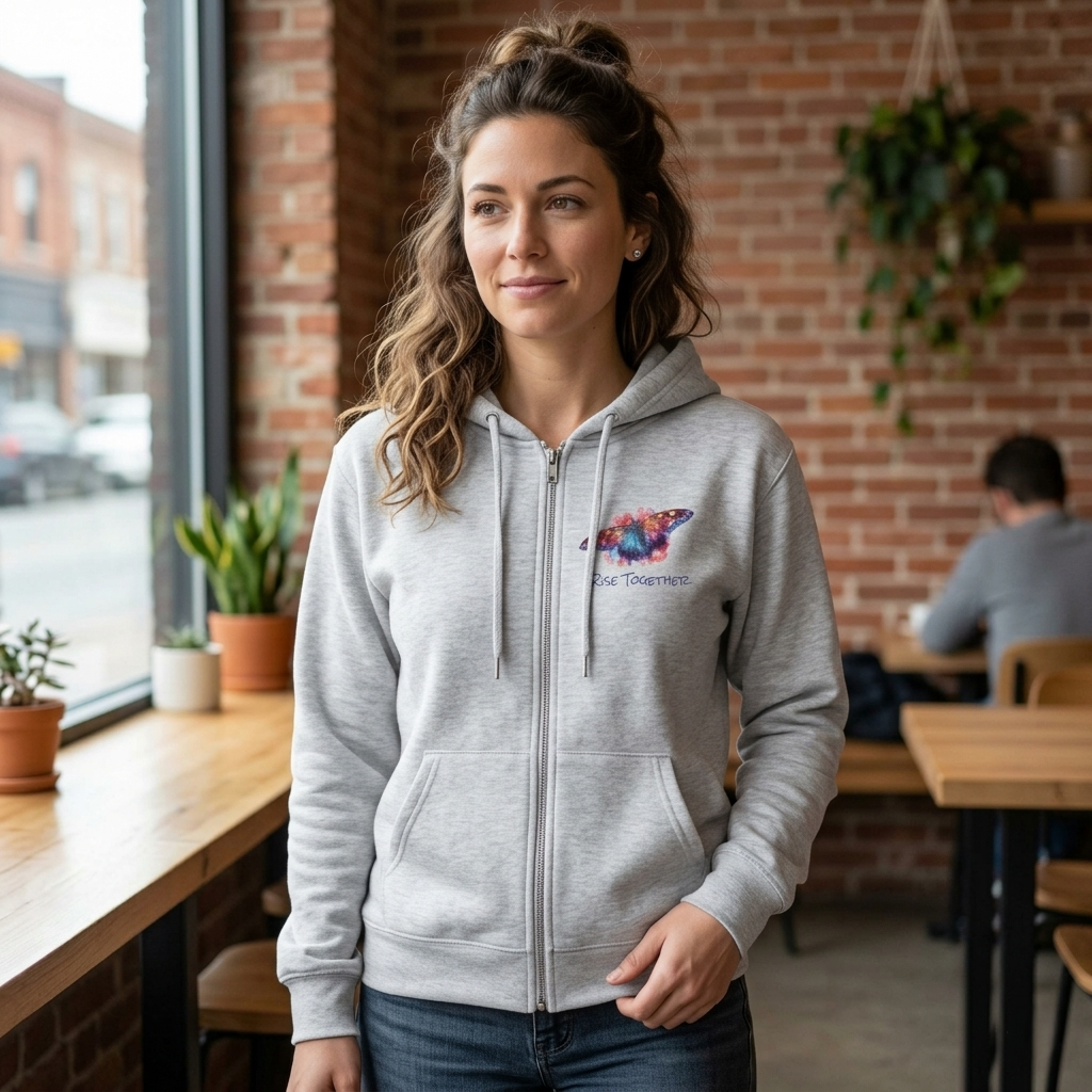 Butterfly Zip Hoodie | "Rise Together" Inspirational Zip-Up Sweatshirt