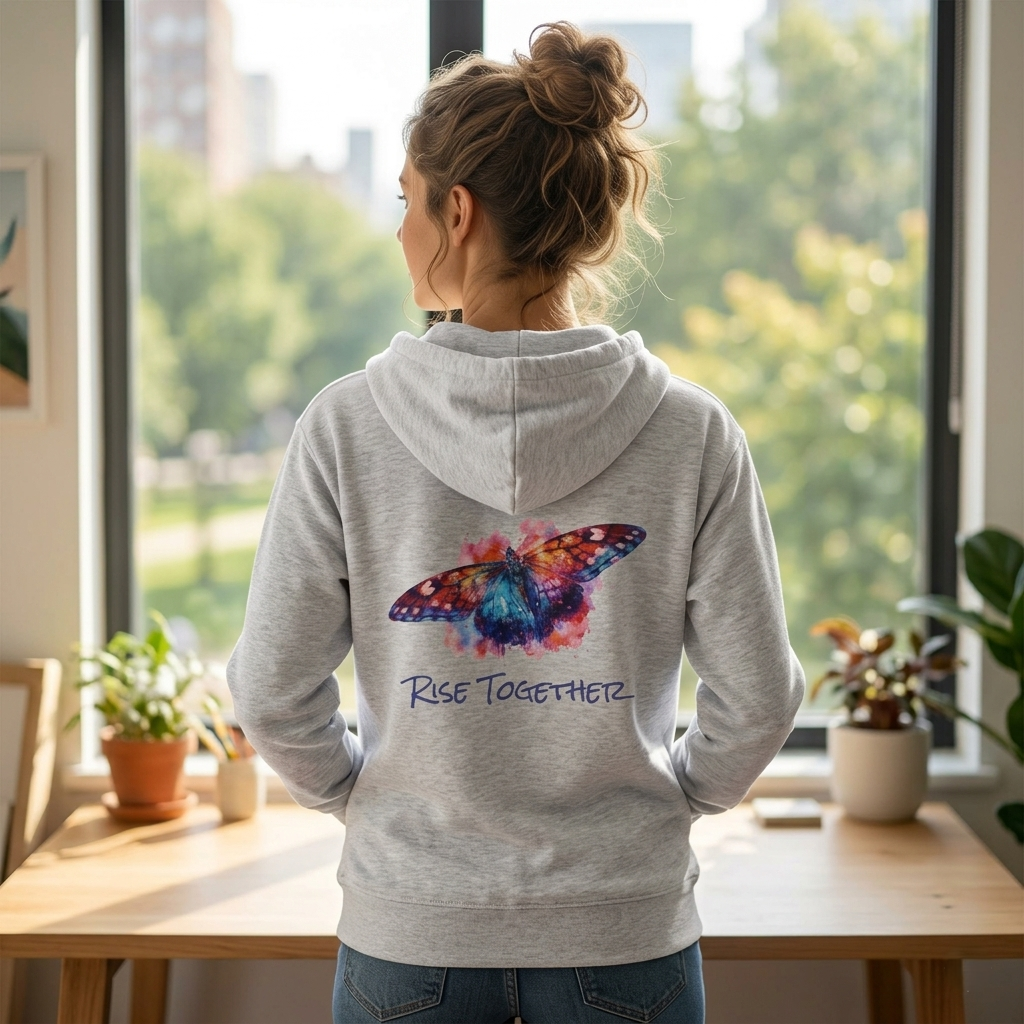 Butterfly Zip Hoodie | "Rise Together" Inspirational Zip-Up Sweatshirt