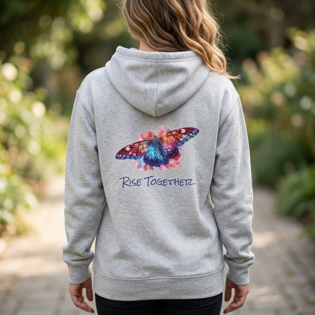 Butterfly Zip Hoodie | "Rise Together" Inspirational Zip-Up Sweatshirt