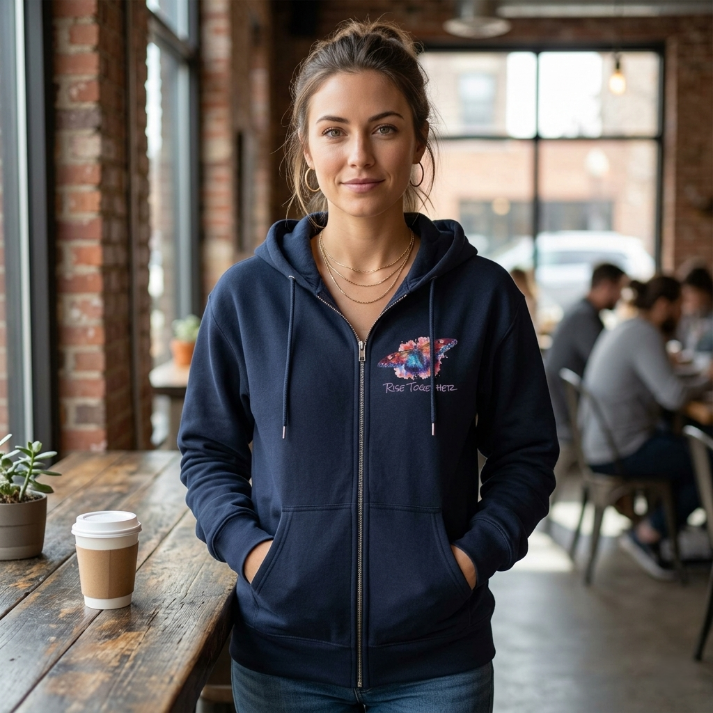Butterfly Zip Hoodie | "Rise Together" Inspirational Zip-Up Sweatshirt