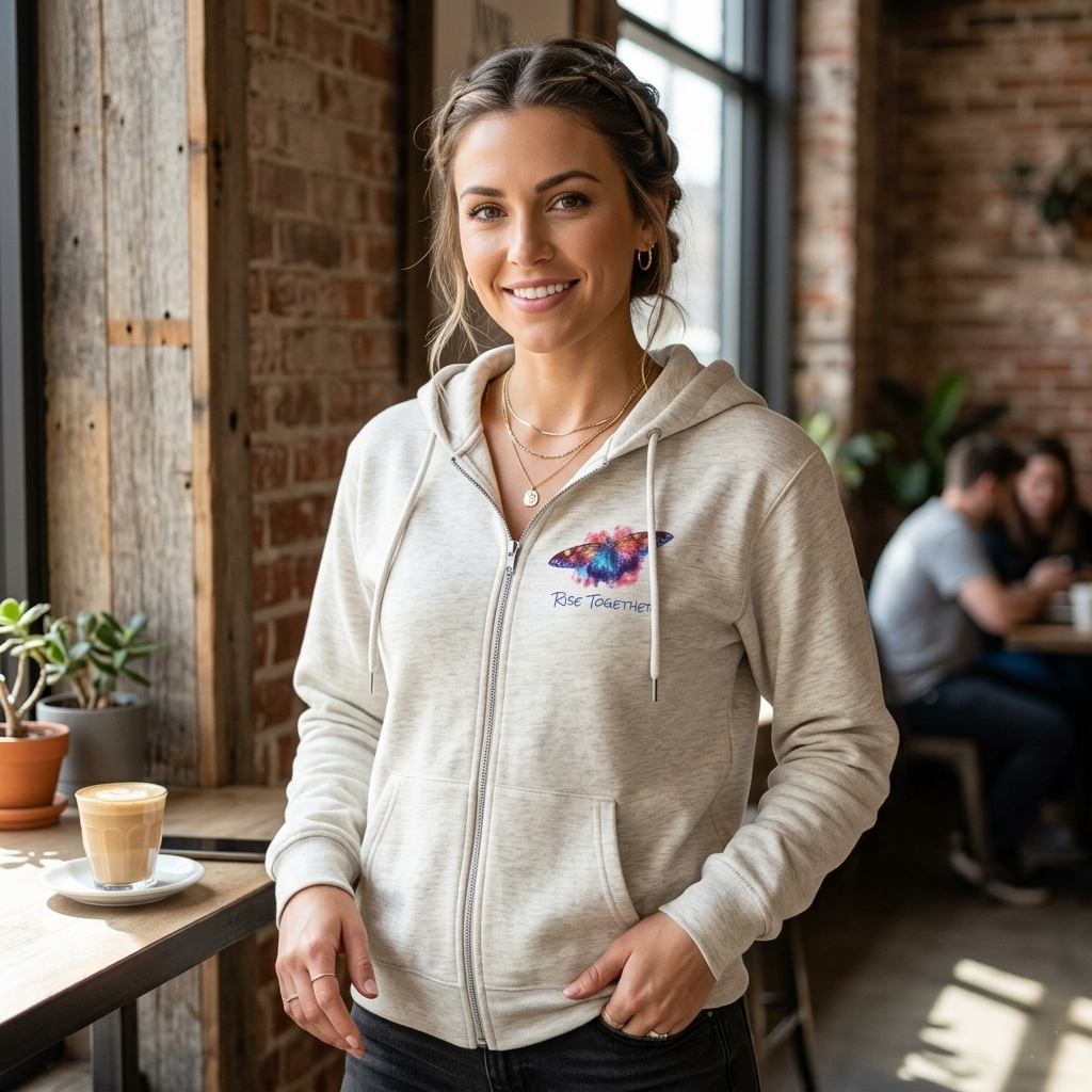 Butterfly Zip Hoodie | "Rise Together" Inspirational Zip-Up Sweatshirt