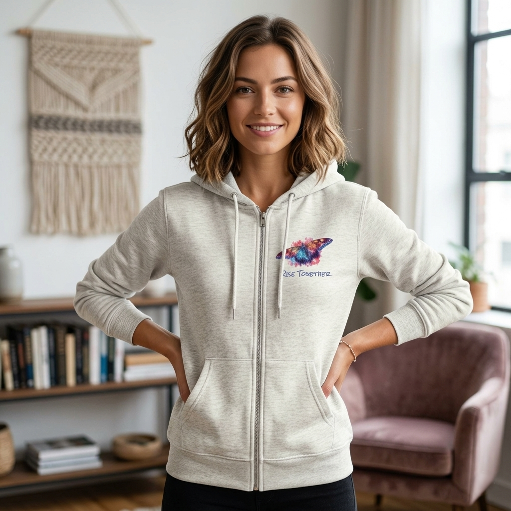 Butterfly Zip Hoodie | "Rise Together" Inspirational Zip-Up Sweatshirt