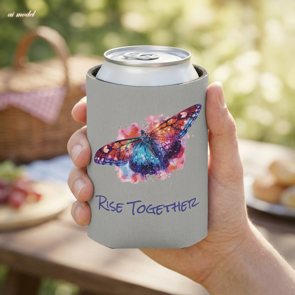 Butterfly Rise Together Can Cooler | Inspirational Watercolor Design | Activist Gift