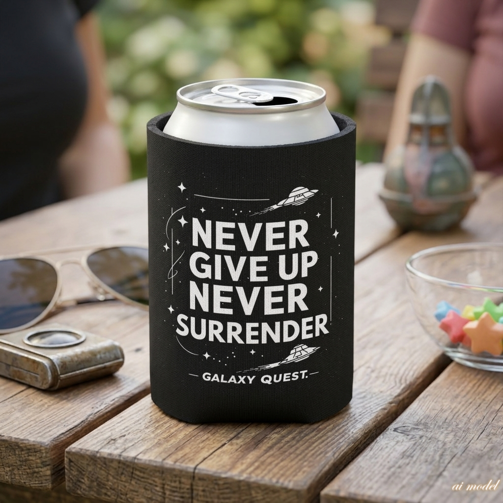 Never Give Up Never Surrender Can Cooler | Sci-Fi Inspired Drink Holder | Geek Gift
