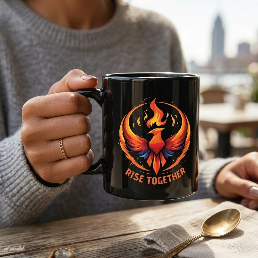 Rise Together Phoenix Mug | Black Ceramic Coffee Cup 11oz, 15oz | Rebel Gift