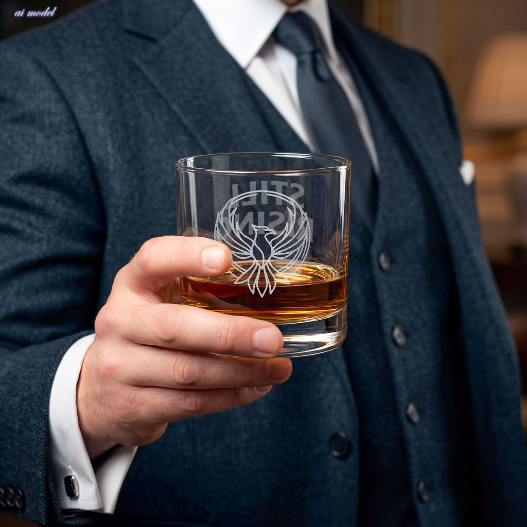 Still Rising Engraved 10.5 oz Rocks Glass | Rising Phoenix Emblem Whiskey Glass