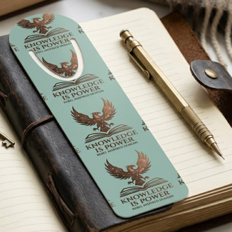 Knowledge is Power Metal Bookmark | Bronze Phoenix Rebel Inspired Logo Bookmark