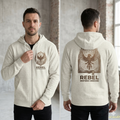 Rebel Inspired Bronze Phoenix Zip Hoodie — Vintage Book & Justice Graphic Zip-Up Sweatshirt
