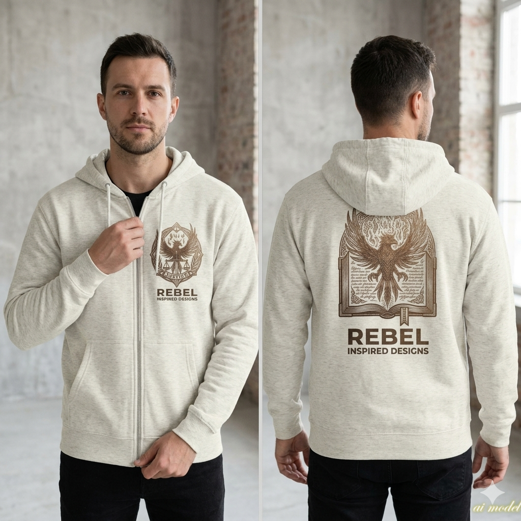 Rebel Inspired Bronze Phoenix Zip Hoodie — Vintage Book & Justice Graphic Zip-Up Sweatshirt